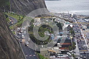 Barranco coast with Pacific Ocean beach with the historic restaurant - Rosa Nautica - and a highway with traffic photo