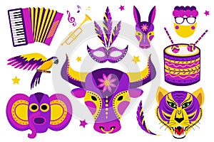 Barranquilla Carnival icons set. Colombian carnaval party collection of design elements with masks, button accordion photo