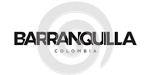 Barranquilla in the Colombia emblem. The design features a geometric style, vector illustration with bold typography in a modern