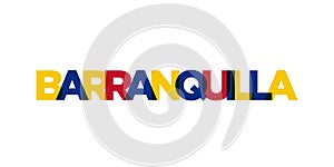 Barranquilla in the Colombia emblem. The design features a geometric style, vector illustration with bold typography in a modern