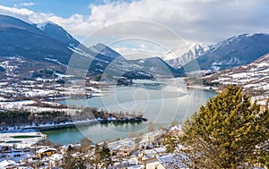 Barrea lake during winter season. Province of L`Aquila, Abruzzo, Italy. photo