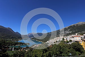 Barrea, Italy - 12 October 2019: Lake Barrea and the mountain village