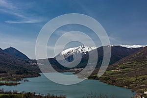 Barrea, L`Aquila, Abruzzo, the lake. Barrea is a small village in Abruzzo, perched on a rocky mountain spur.