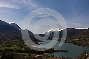 Barrea, L`Aquila, Abruzzo, the lake. Barrea is a small village in Abruzzo, perched on a rocky mountain spur.