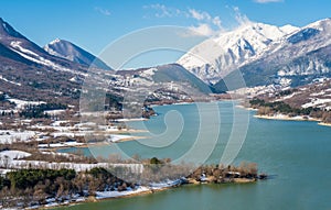 Barrea Lake on a sunny winter morning. Abruzzo, Italy.