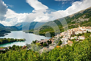 Barrea lake and village, Italy photo