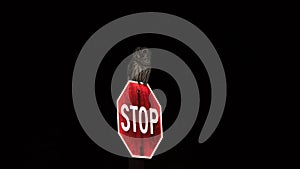 Barred owl perched on stop sign at night