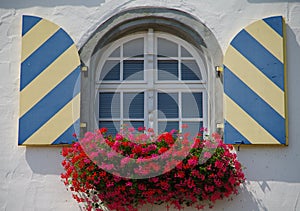 Barred window with shutters and flower arrangements