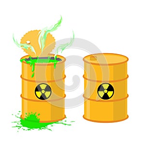 Barrel of acid. Vector illustration open drums with dangerous gr