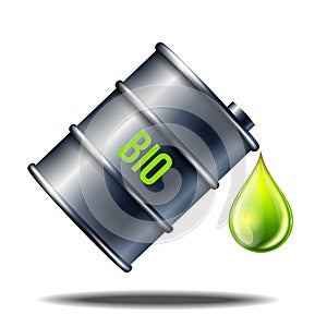 Barrel of biofuel with word BIO with oil drop isolated on white. photo