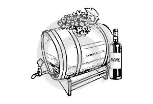 A barrel with a bunch of grapes and wine bottle