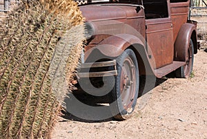 Barrel Cactus and a rusty classic car