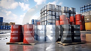 Barrel container. Industrial warehouse. Barrels for chemical products. Fuel storage. Pallets with barrels in hangar. Logistic