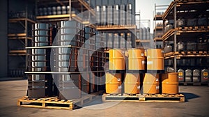 Barrel container. Industrial warehouse. Barrels for chemical products. Fuel storage. Pallets with barrels in hangar. Logistic