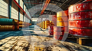 Barrel container. Industrial warehouse. Barrels for chemical products. Fuel storage. Pallets with barrels in hangar. Logistic