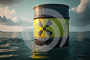 Barrel containing dangerous and radioactive material are discharged into the sea from a boat. Concept of environmental disaster.