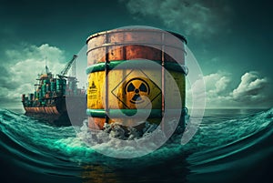 Barrel containing dangerous and radioactive material are discharged into the sea from a boat. Concept of environmental disaster.