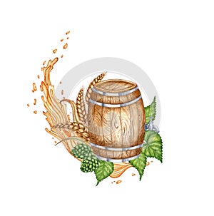 A barrel decorated with splashes of beer, hops and ears of wheat in watercolor