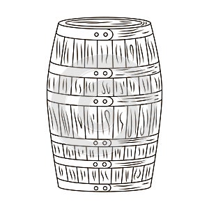 Barrel isolated on white background. Wooden keg in engraved style. Vintage sketch black outline close up