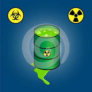 Barrel leaking toxic waste + icons of biohazard and radioactivity
