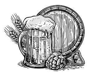 Barrel and mug of beer with hops and ears of wheat. Brewery, pub illustration sketch vintage