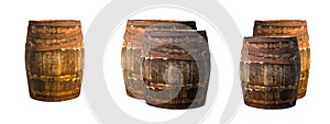 Barrel oak old weathered rusty old iron hoop set wine-making white isolated background