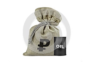 A barrel of oil against the background of a bag with the symbol of the ruble, low oil prices, a recession of the economy