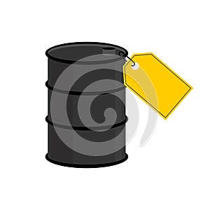 Barrel oil blank yellow price tag. Discount price reduction. Oil price decline. Cutting prices illustration