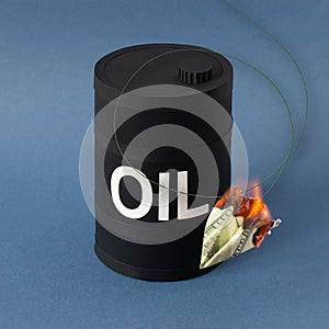 Barrel of oil and falling burning dollar plane