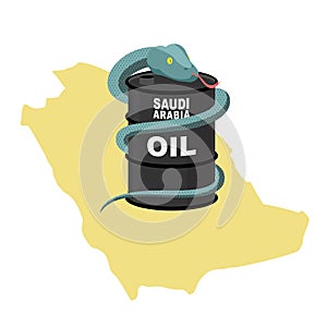 Barrel oil in Saudi Arabia map background. Snake around barrel.