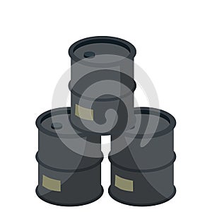 Barrel of oil. Stack of Combustible fossil fuel. Petroleum packaging