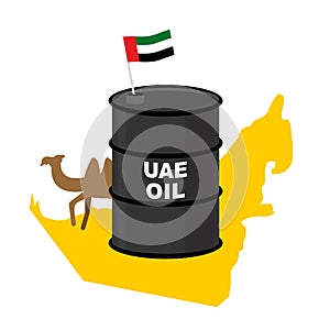 Barrel oil UAE map background. Flag United Arab Emirates. Camel