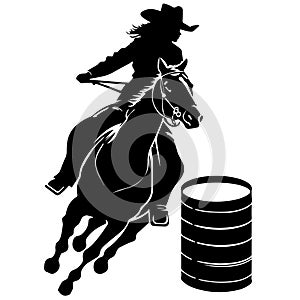 Barrel Racing Design with Female Horse and Rider Silhouette Image Black White