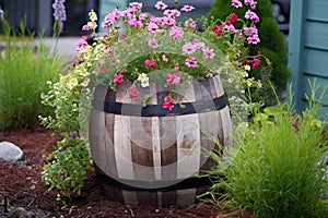 barrel repurposed as a flower planter outdoors