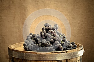 Barrel and ripe grapes of wine on burlap background