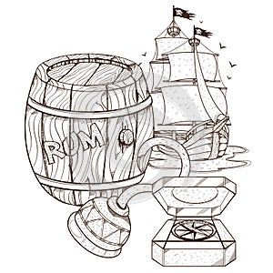 Barrel of rum, pirate hook, compass, pirate ship. Graphics Pirate theme.