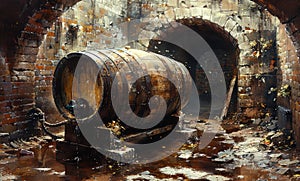 A barrel is sitting in a wet cellar. The barrel is old and has a rustic appearance