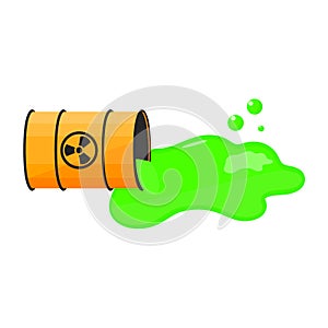 Barrel with spilled liquid. Radioactive sign. Green slime