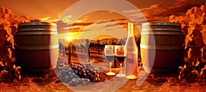 barrel sunset beverage bottle glass winery alcohol grape wine drink. Generative AI.