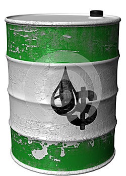 Barrel with a symbol of dollar and oil rotated