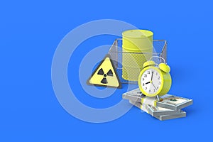 Barrel with toxic substance behind fence, money, alarm clock and radiation sign