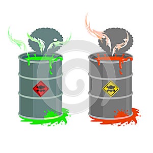 Barrel of toxic waste. Biohazard open container. Grey with red b