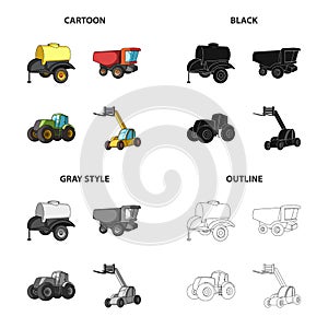 A barrel with water, a trailer, a dumper, an agricultural tractor, a forklift. Different kinds of agricultural machinery
