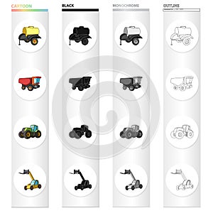 A barrel with water, a trailer, a dumper, an agricultural tractor, a forklift. Different kinds of agricultural machinery