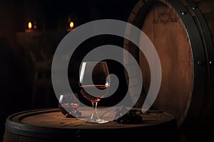 Barrel of wine with wineglass, winery concept background. Generative AI