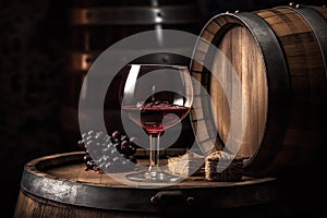 Barrel of wine with wineglass, winery concept background. Generative AI