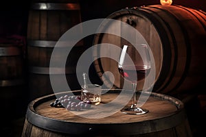 Barrel of wine with wineglass, winery concept background. Generative AI
