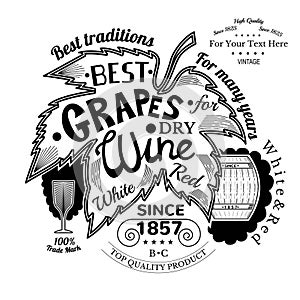 Barrel and wineglass near grapes leaf with lettering best grapes wine