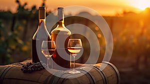 Barrel Wineglasses And Bottle In Vineyard At Sunset, generative ai
