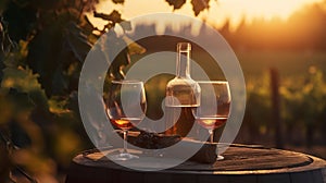 Barrel Wineglasses And Bottle In Vineyard At Sunset, generative ai